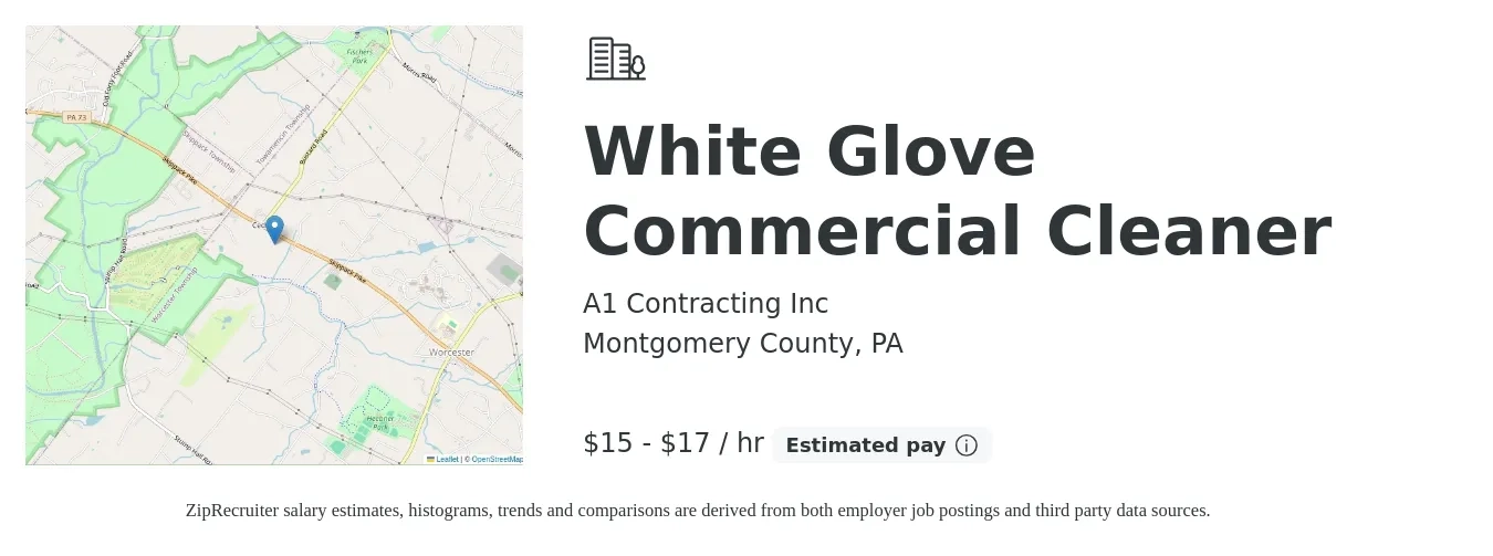 A1 Contracting Inc job posting for a White Glove Commercial Cleaner in Montgomery County, PA with a salary of $16 to $18 Hourly with a map of Montgomery County location.