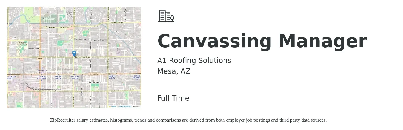 A1 Roofing Solutions job posting for a Canvassing Manager in Mesa, AZ with a salary of $100,000 Yearly with a map of Mesa location.