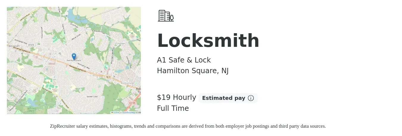 A1 Safe & Lock job posting for a Locksmith in Hamilton Square, NJ with a salary of $20 Hourly with a map of Hamilton Square location.