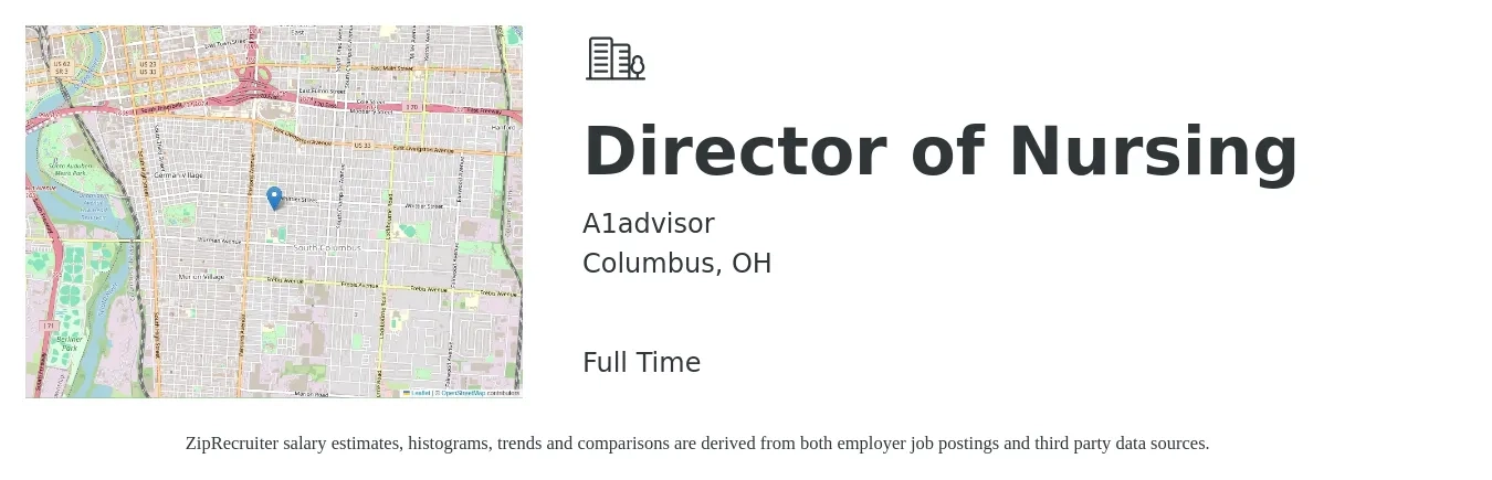 A1advisor job posting for a Director of Nursing in Columbus, OH with a salary of $80,200 to $121,200 Yearly with a map of Columbus location.