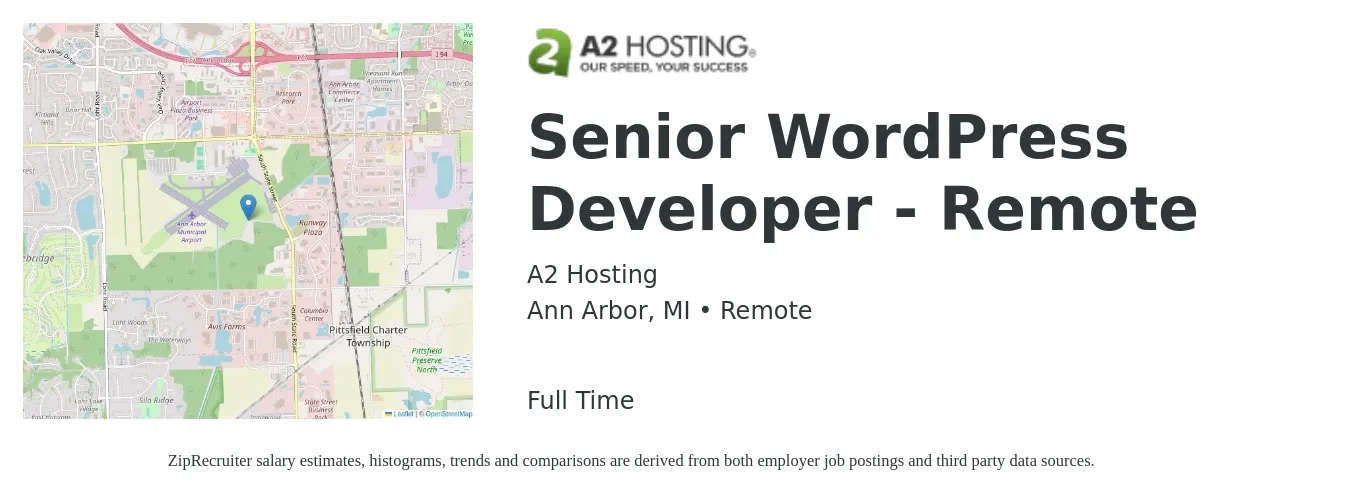 A2 Hosting job posting for a Senior WordPress Developer - Remote in Ann Arbor, MI with a salary of $59,200 to $97,300 Yearly with a map of Ann Arbor location.