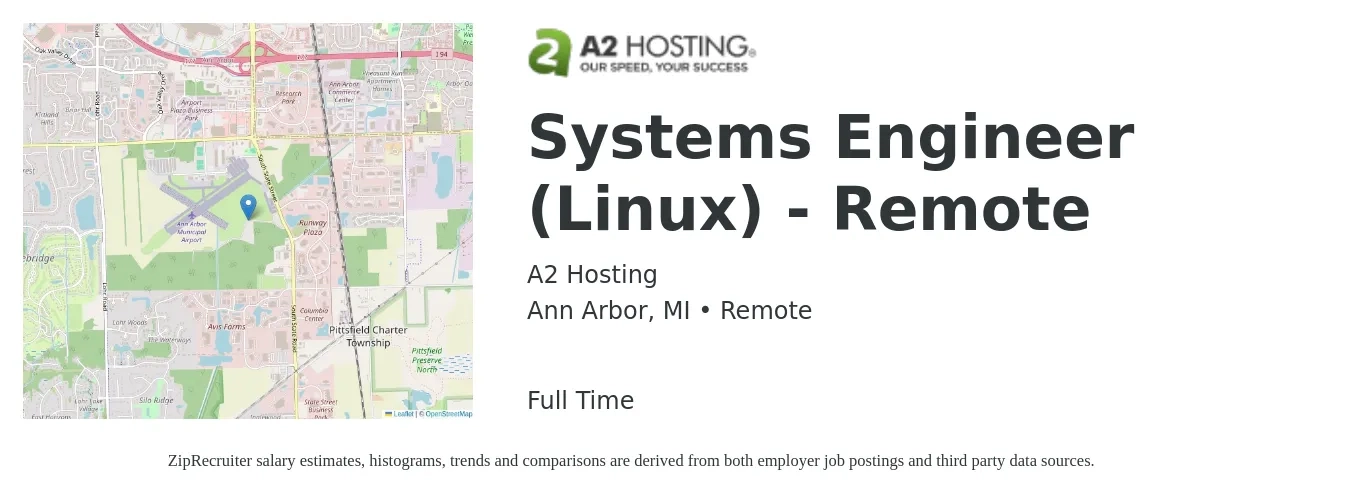 A2 Hosting job posting for a Systems Engineer (Linux) - Remote in Ann Arbor, MI with a salary of $46 to $59 Hourly with a map of Ann Arbor location.