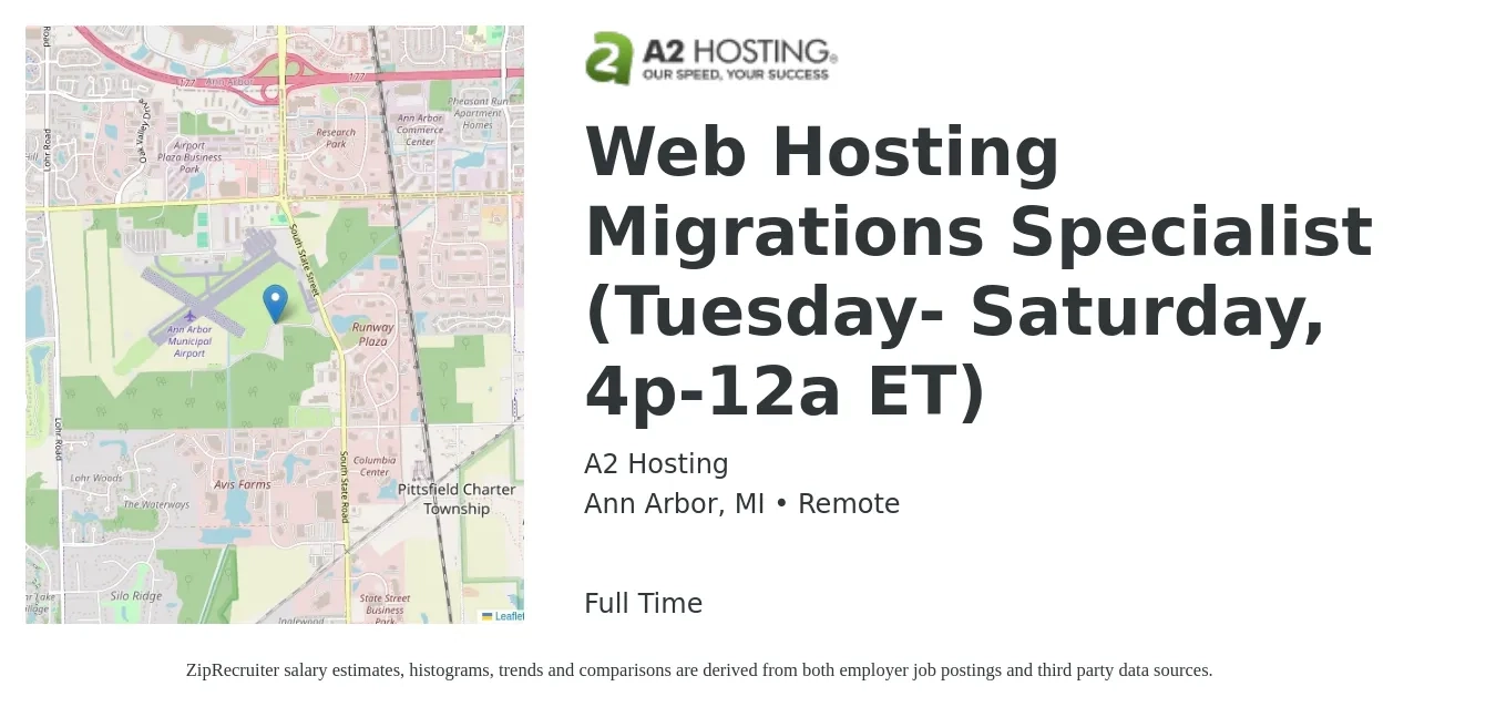 A2 Hosting job posting for a Web Hosting Migrations Specialist (Tuesday- Saturday, 4p-12a ET) in Ann Arbor, MI with a salary of $20 to $36 Hourly with a map of Ann Arbor location.