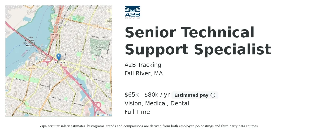 A2B Tracking job posting for a Senior Technical Support Specialist in Fall River, MA with a salary of $65,000 to $80,000 Yearly and benefits including pto, retirement, vision, dental, and medical with a map of Fall River location.