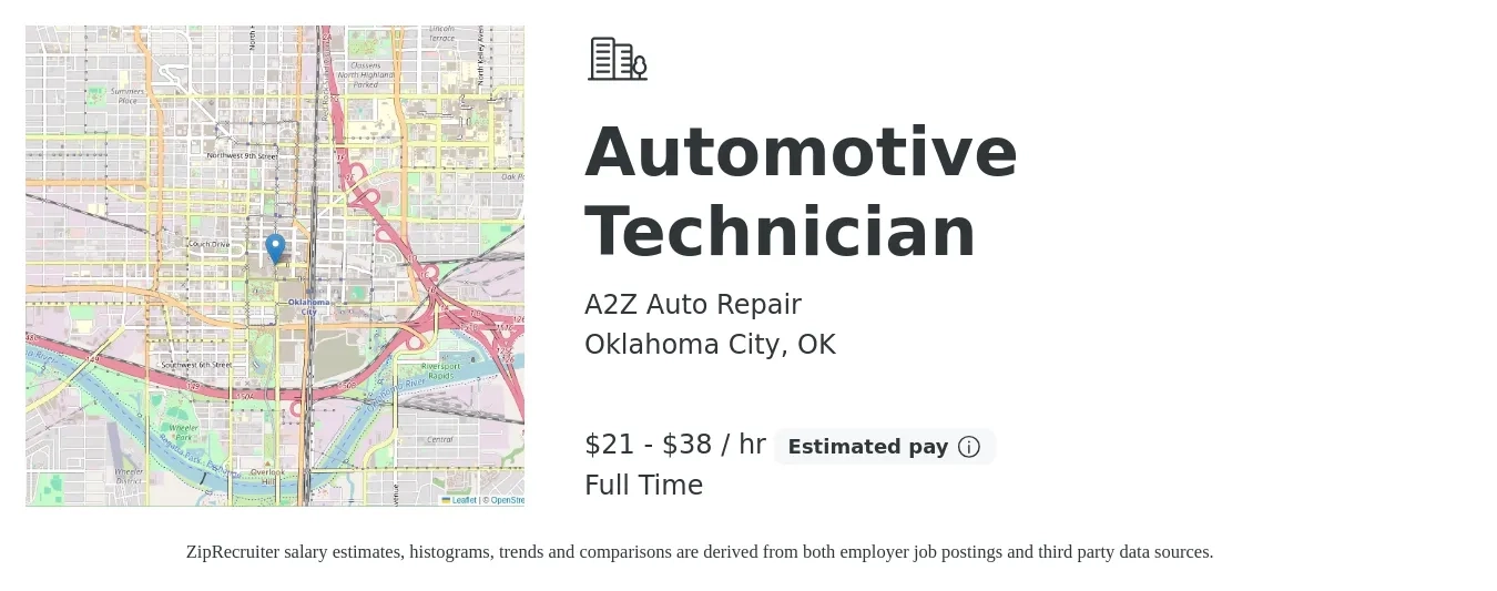 A2Z Auto Repair job posting for a Automotive Technician in Oklahoma City, OK with a salary of $22 to $40 Hourly and benefits including pto with a map of Oklahoma City location.