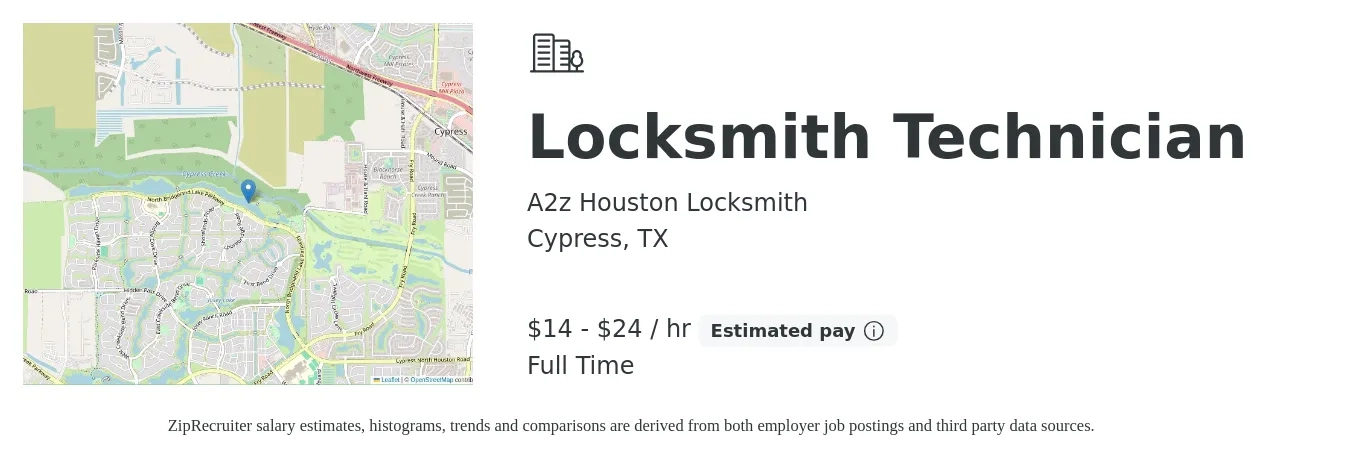 A2z Houston Locksmith job posting for a Locksmith Technician in Cypress, TX with a salary of $15 to $25 Hourly (plus commission) with a map of Cypress location.