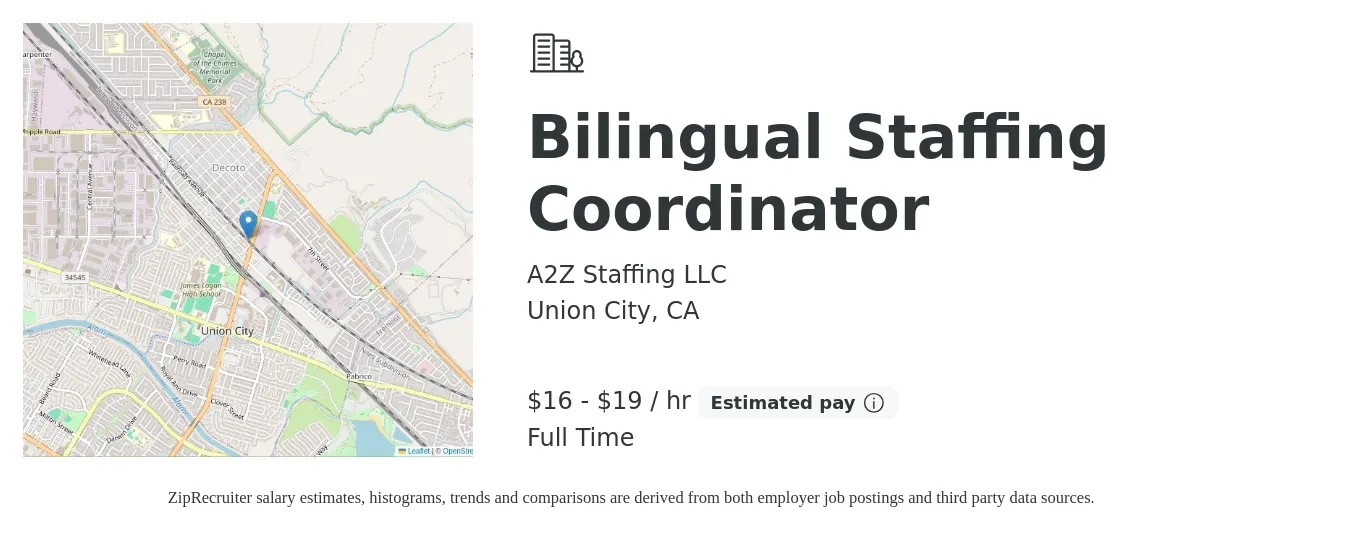 A2Z Staffing LLC job posting for a Bilingual Staffing Coordinator in Union City, CA with a salary of $17 to $20 Hourly with a map of Union City location.