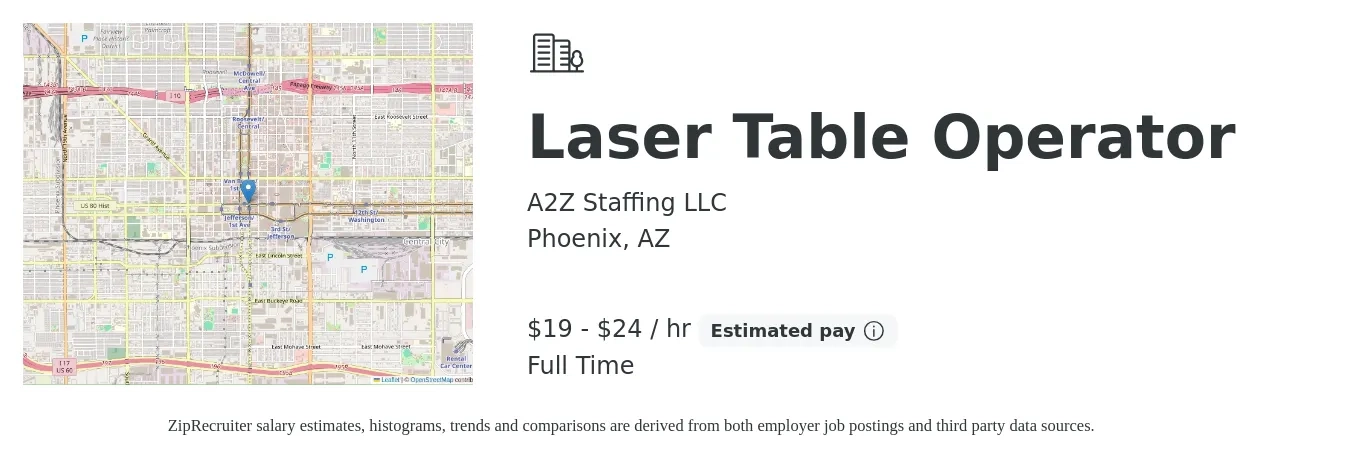 A2Z Staffing LLC job posting for a Laser Table Operator in Phoenix, AZ with a salary of $20 to $25 Hourly with a map of Phoenix location.