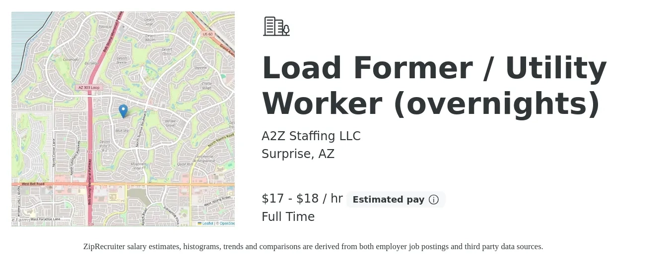 A2Z Staffing LLC job posting for a Load Former / Utility Worker (overnights) in Surprise, AZ with a salary of $18 to $19 Hourly with a map of Surprise location.