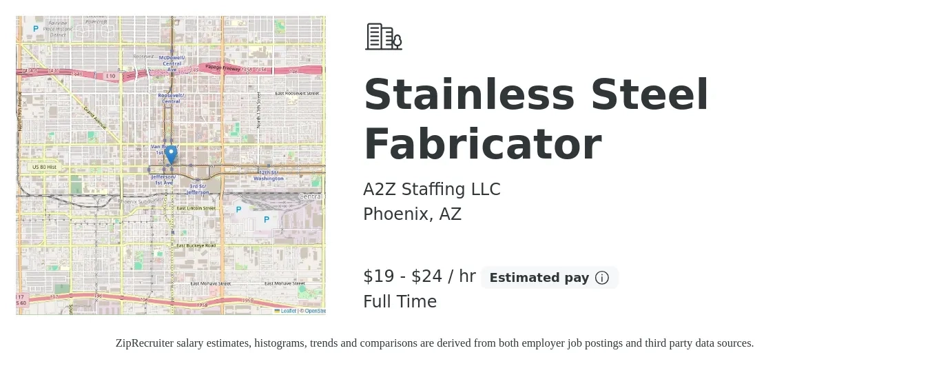 A2Z Staffing LLC job posting for a Stainless Steel Fabricator in Phoenix, AZ with a salary of $20 to $25 Hourly with a map of Phoenix location.