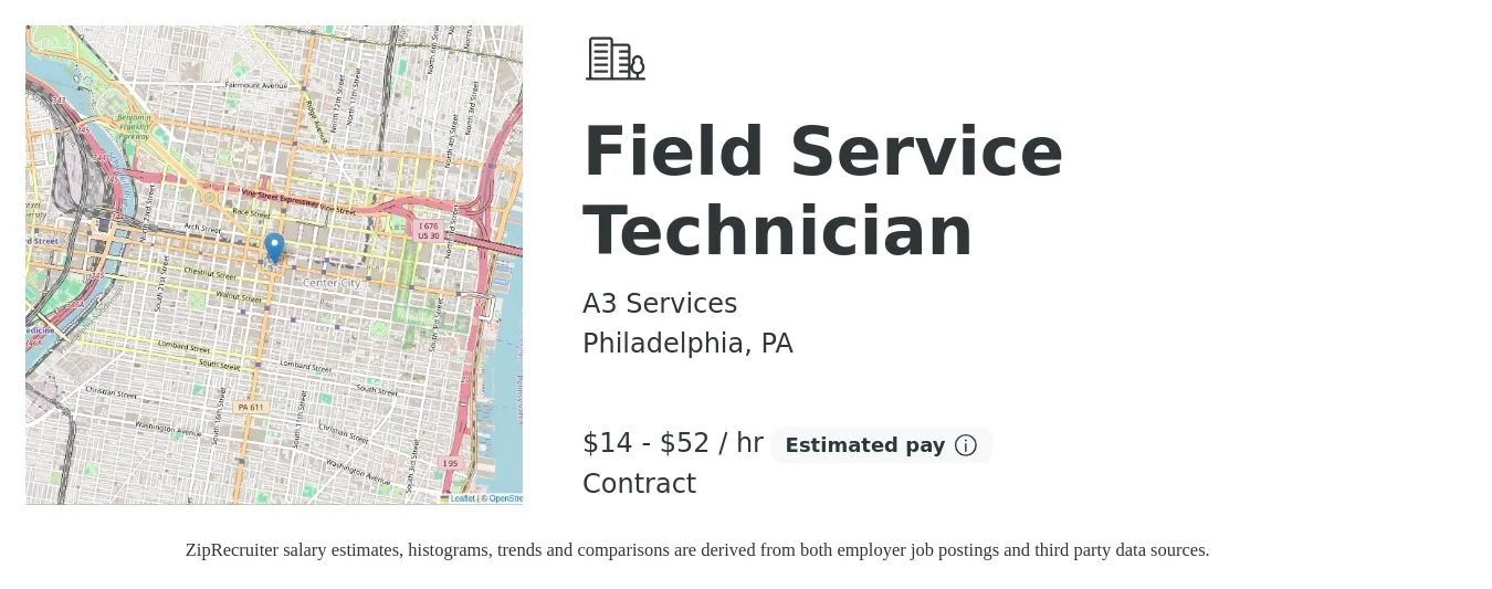 A3 Services job posting for a Field Service Technician in Philadelphia, PA with a salary of $15 to $55 Hourly with a map of Philadelphia location.