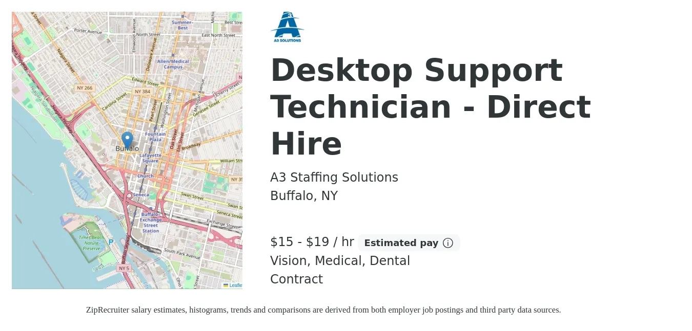 A3 Staffing Solutions job posting for a Desktop Support Technician - Direct Hire in Buffalo, NY with a salary of $16 to $20 Hourly and benefits including medical, vision, and dental with a map of Buffalo location.