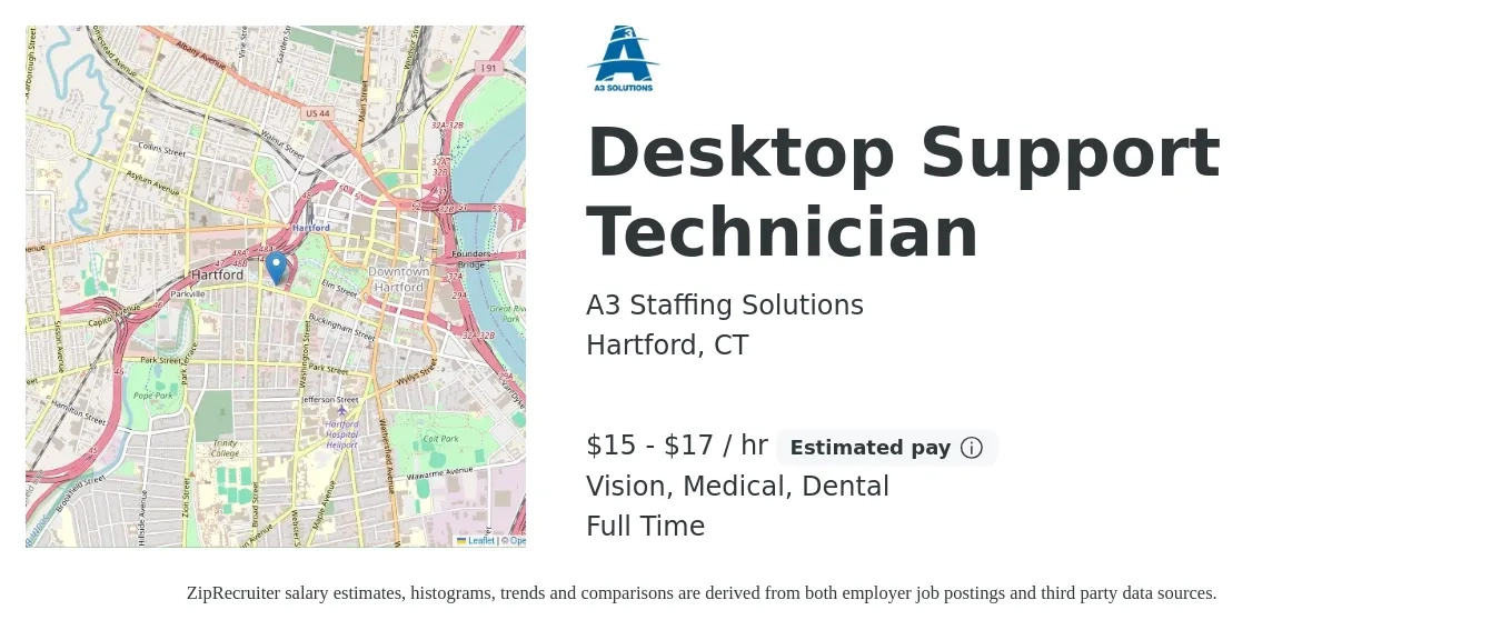 A3 Staffing Solutions job posting for a Desktop Support Technician in Hartford, CT with a salary of $16 to $18 Hourly and benefits including vision, dental, and medical with a map of Hartford location.