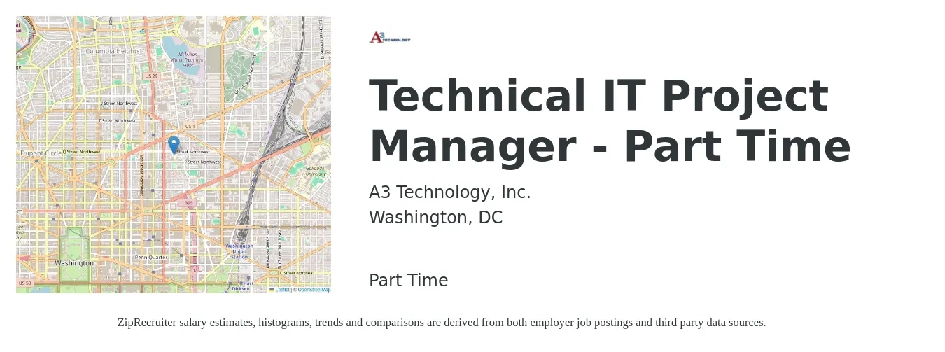 A3 Technology job posting for a Technical IT Project Manager - Part Time in Washington, DC with a salary of $112,100 to $132,500 Yearly with a map of Washington location.