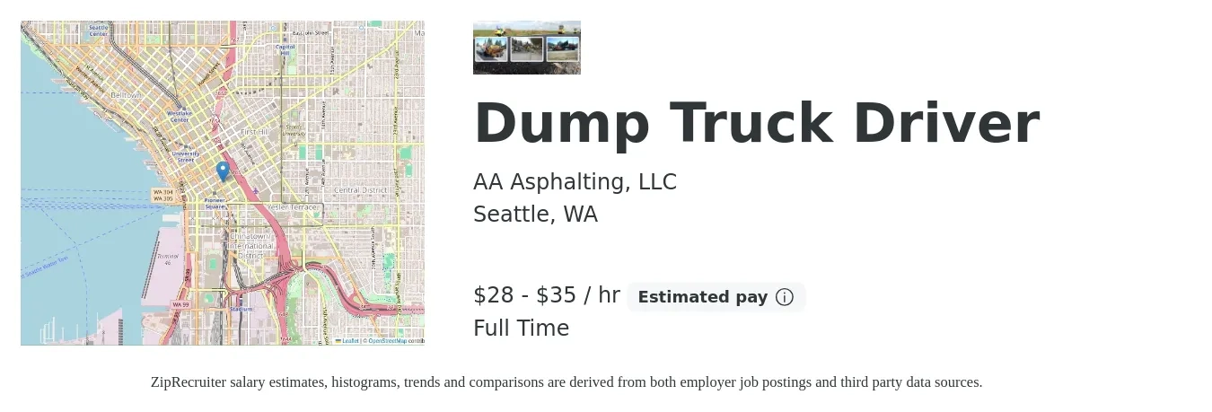 AA Asphalting, LLC job posting for a Dump Truck Driver in Seattle, WA with a salary of $28 to $36 Hourly with a map of Seattle location.