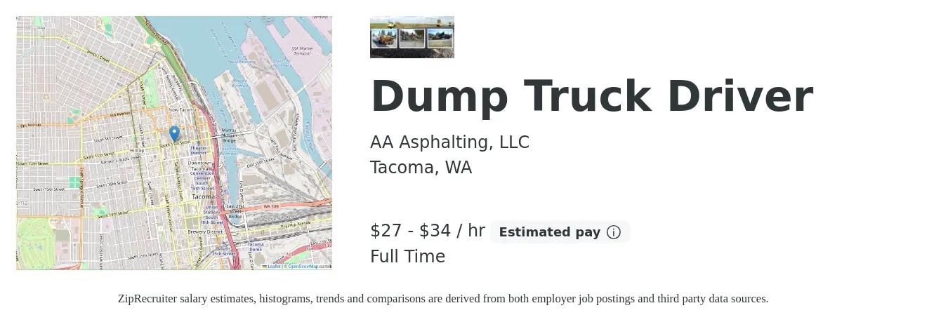AA Asphalting, LLC job posting for a Dump Truck Driver in Tacoma, WA with a salary of $28 to $36 Hourly with a map of Tacoma location.