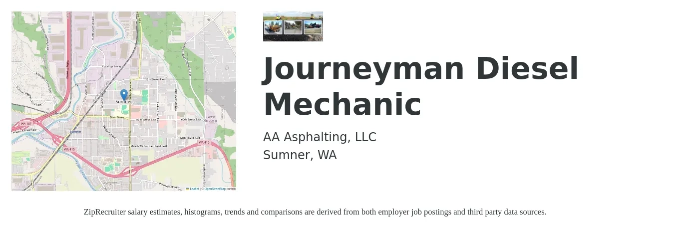 AA Asphalting, LLC job posting for a Journeyman Diesel Mechanic in Sumner, WA with a salary of $31 to $40 Hourly with a map of Sumner location.