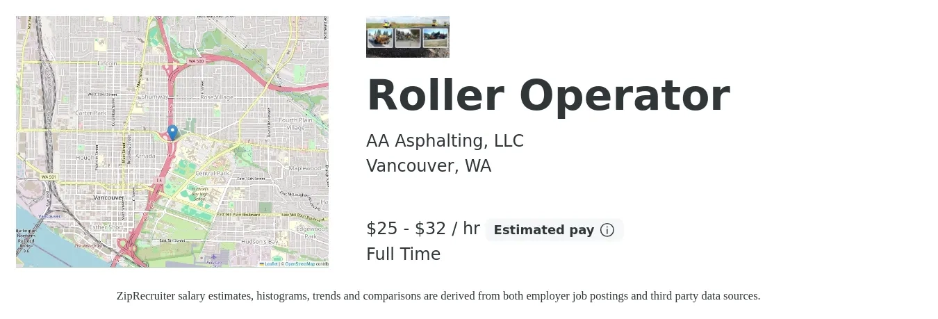 AA Asphalting, LLC job posting for a Roller Operator in Vancouver, WA with a salary of $27 to $34 Hourly with a map of Vancouver location.