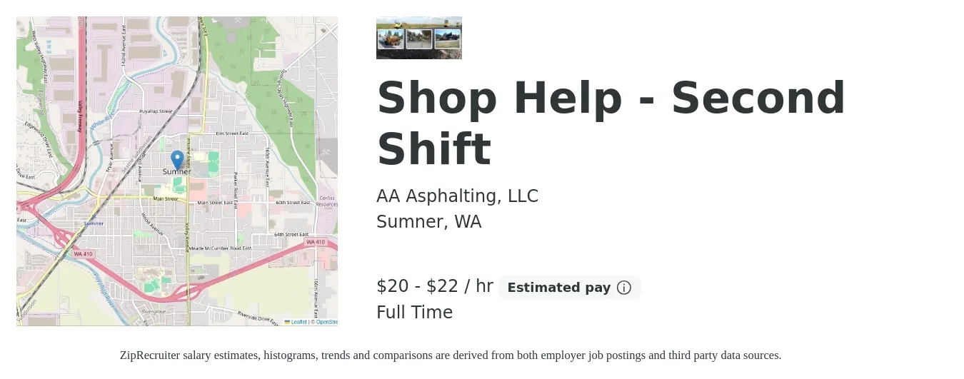AA Asphalting, LLC job posting for a Shop Help - Second Shift in Sumner, WA with a salary of $19 to $21 Hourly with a map of Sumner location.