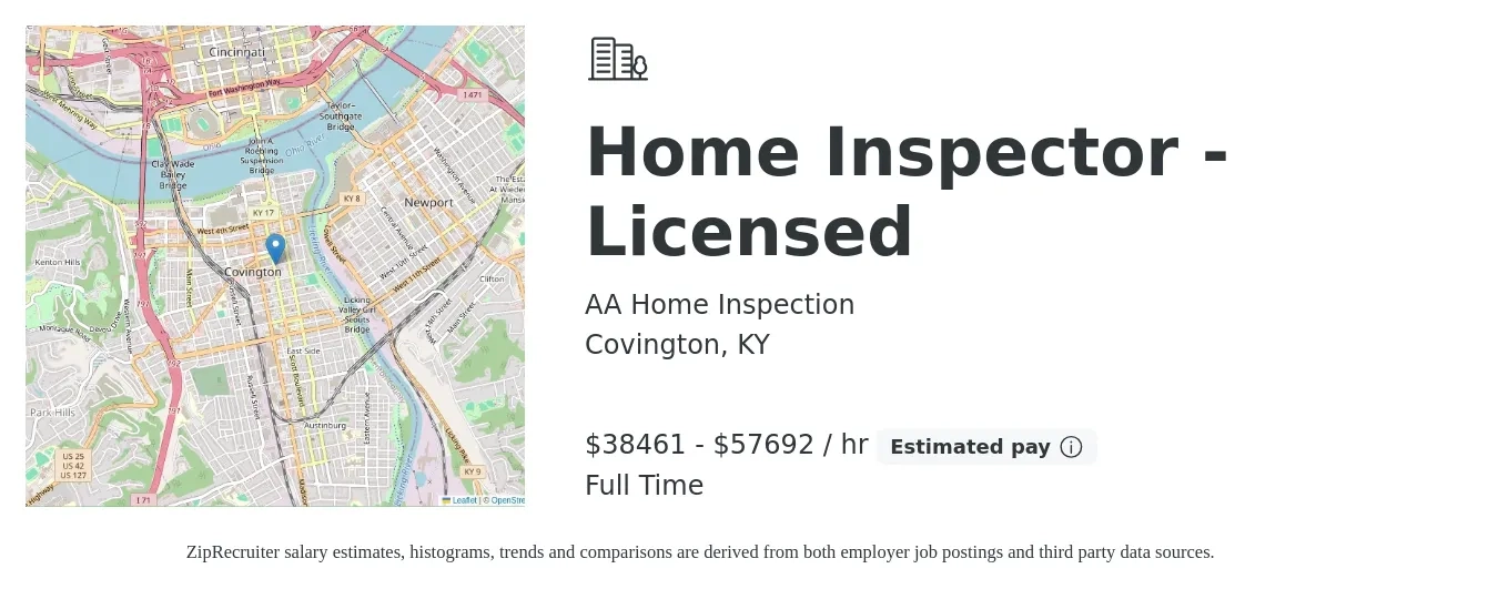 AA Home Inspection job posting for a Home Inspector - Licensed in Covington, KY with a salary of $40,000 to $60,000 Hourly with a map of Covington location.