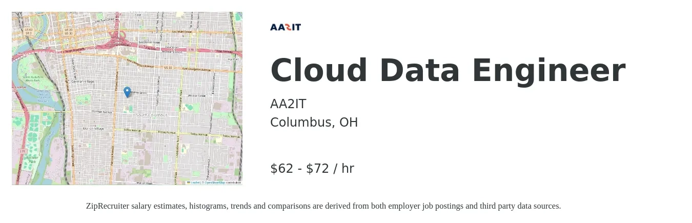 AA2IT job posting for a Cloud Data Engineer in Columbus, OH with a salary of $52 to $70 Hourly with a map of Columbus location.