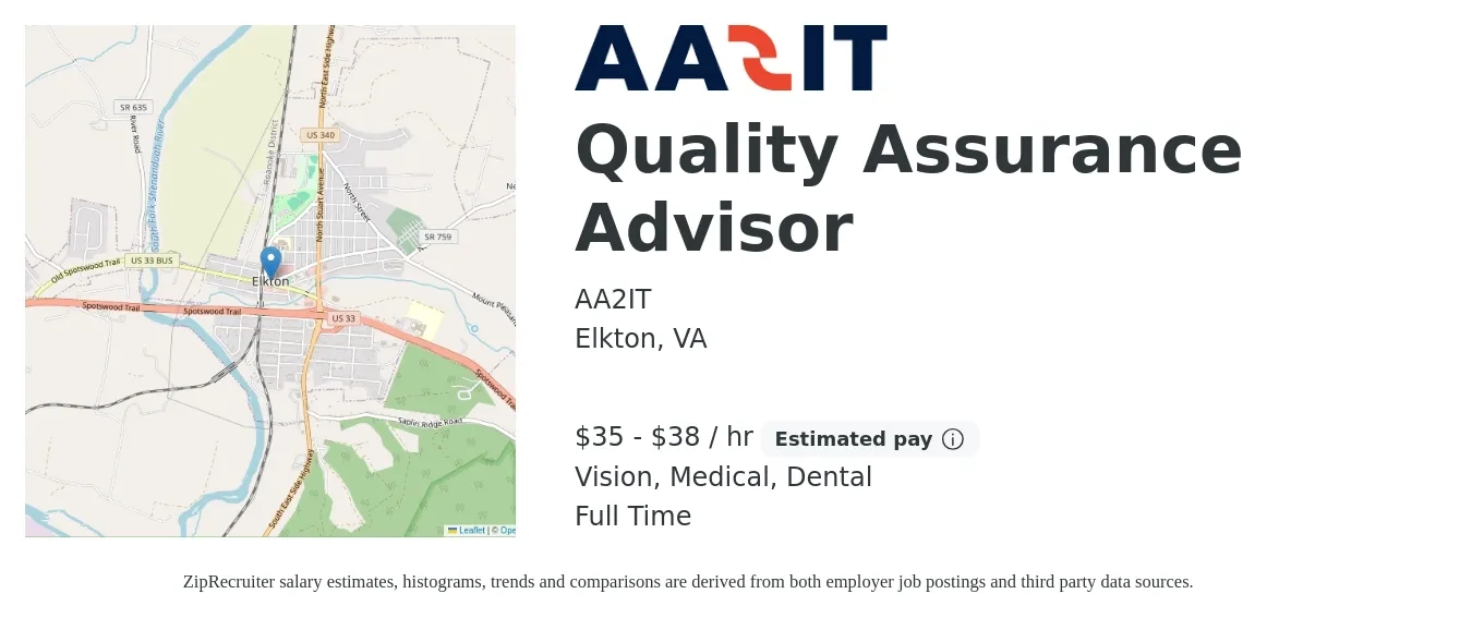 AA2IT job posting for a Quality Assurance Advisor in Elkton, VA with a salary of $37 to $40 Hourly and benefits including medical, vision, and dental with a map of Elkton location.