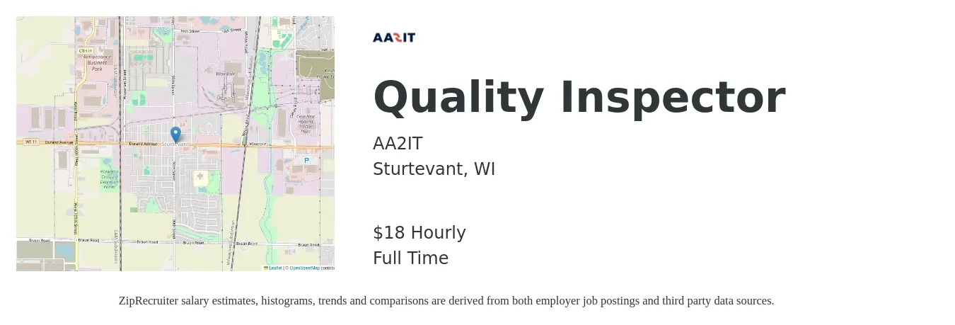 AA2IT job posting for a Quality Inspector in Sturtevant, WI with a salary of $20 Hourly with a map of Sturtevant location.