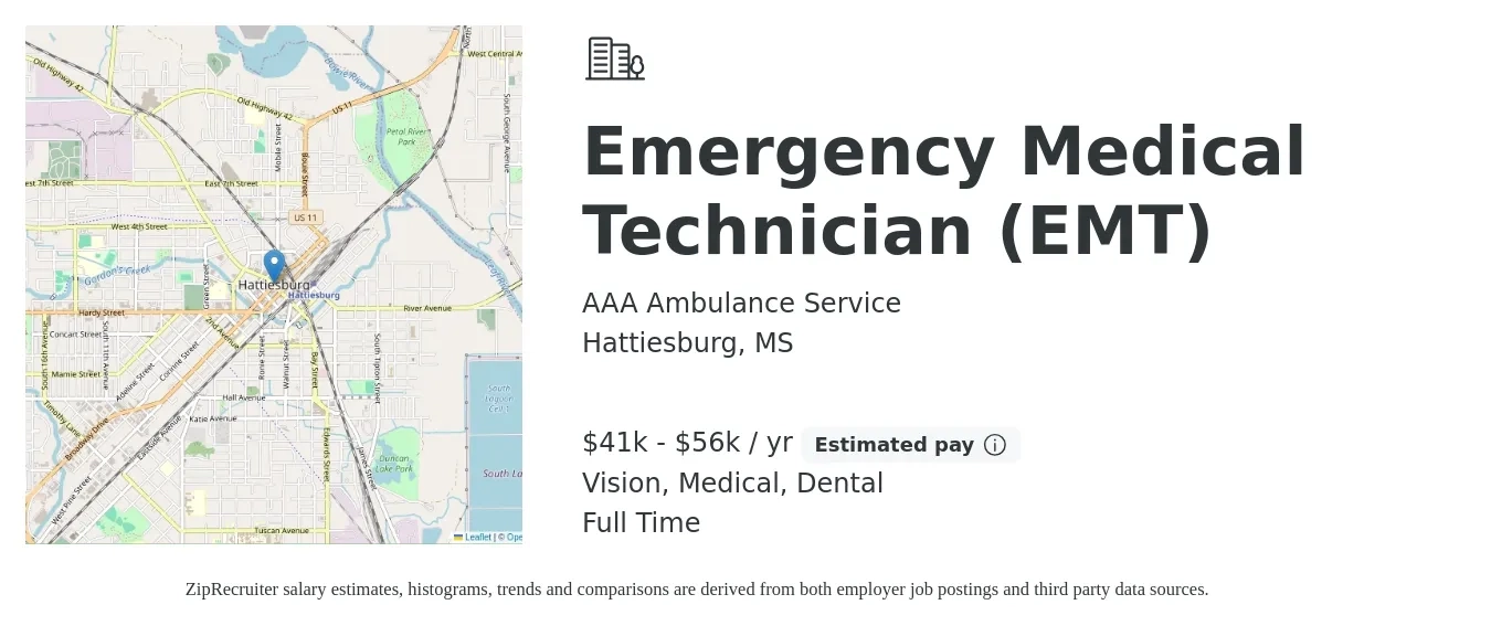 AAA Ambulance Service job posting for a Emergency Medical Technician (EMT) in Hattiesburg, MS with a salary of $41,000 to $56,000 Yearly and benefits including dental, life_insurance, medical, pto, and vision with a map of Hattiesburg location.