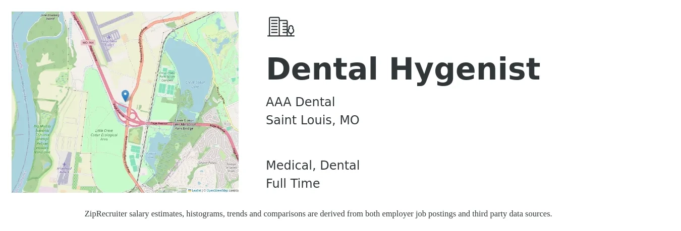 AAA Dental job posting for a Dental Hygenist in Saint Louis, MO with a salary of $37 to $48 Hourly and benefits including pto, retirement, dental, life_insurance, and medical with a map of Saint Louis location.