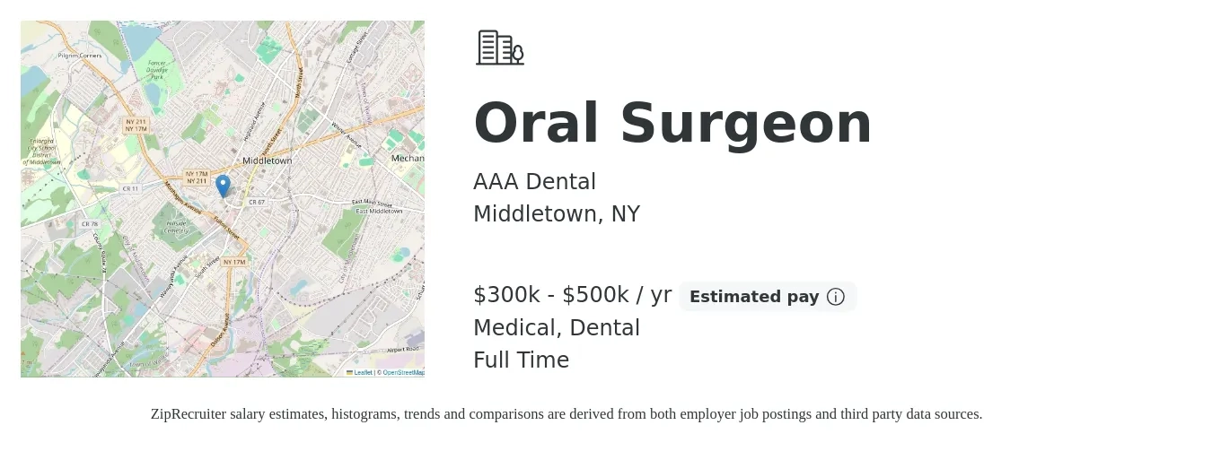 AAA Dental job posting for a Oral Surgeon in Middletown, NY with a salary of $300,000 to $500,000 Yearly and benefits including medical, pto, retirement, dental, and life_insurance with a map of Middletown location.