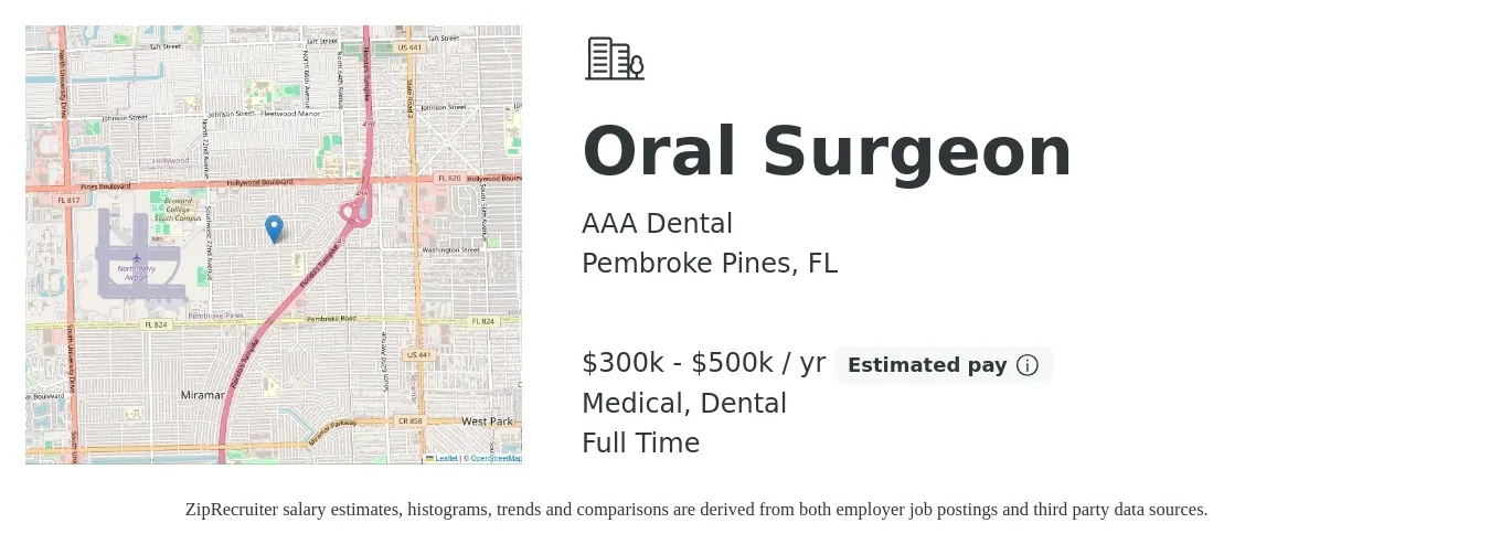 AAA Dental job posting for a Oral Surgeon in Pembroke Pines, FL with a salary of $300,000 to $500,000 Yearly and benefits including dental, life_insurance, medical, pto, and retirement with a map of Pembroke Pines location.