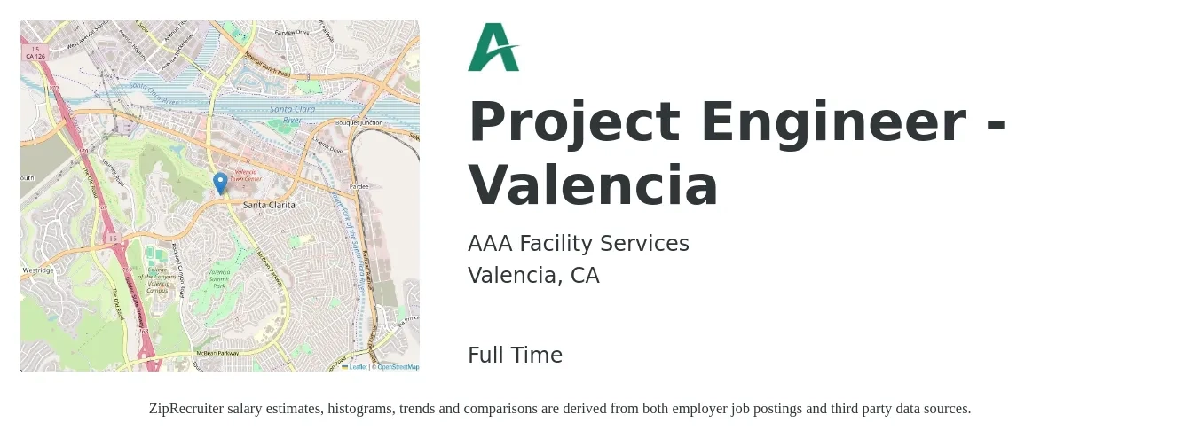 AAA Facility Services job posting for a Project Engineer - Valencia in Valencia, CA with a salary of $70,000 to $89,800 Yearly with a map of Valencia location.