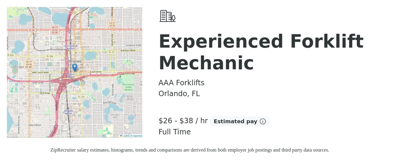 AAA Forklifts job posting for a Experienced Forklift Mechanic in Orlando, FL with a salary of $28 to $40 Hourly with a map of Orlando location.