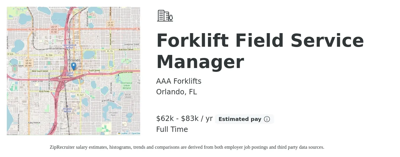 AAA Forklifts job posting for a Forklift Field Service Manager in Orlando, FL with a salary of $62,500 to $83,000 Yearly with a map of Orlando location.
