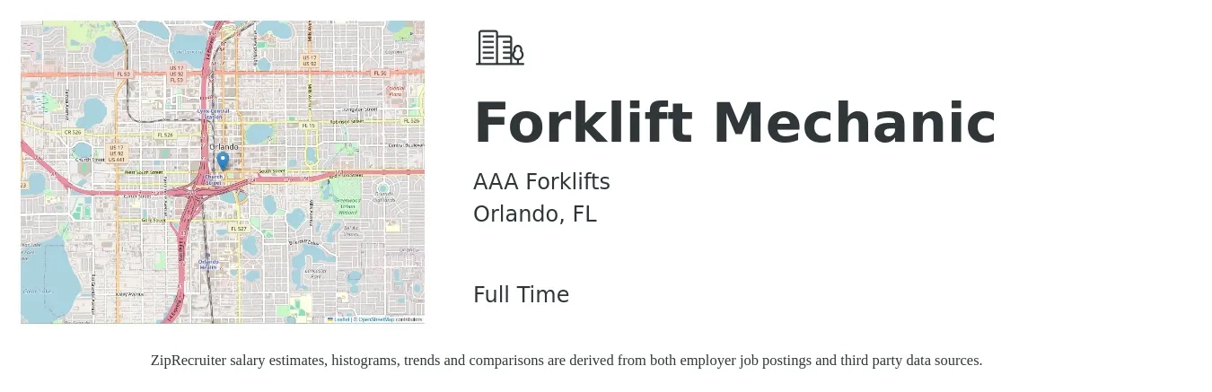 AAA Forklifts job posting for a Forklift Mechanic in Orlando, FL with a salary of $22 to $30 Hourly with a map of Orlando location.