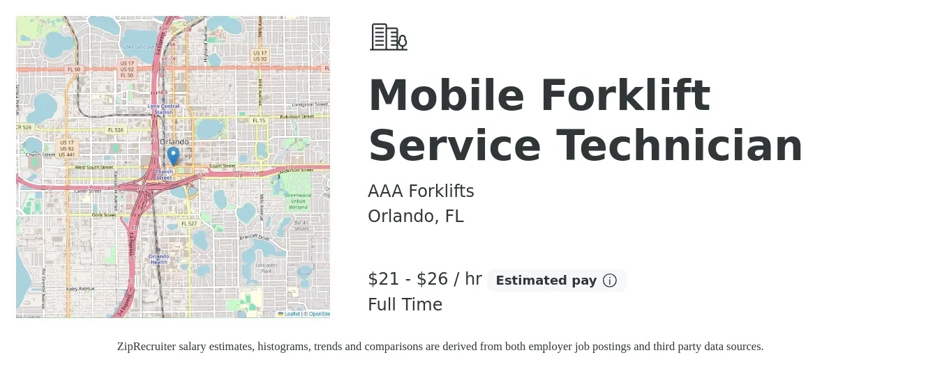 AAA Forklifts job posting for a Mobile Forklift Service Technician in Orlando, FL with a salary of $22 to $28 Hourly with a map of Orlando location.