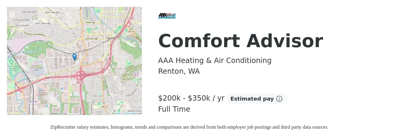 AAA Heating & Air Conditioning job posting for a Comfort Advisor in Renton, WA with a salary of $200,000 to $350,000 Yearly with a map of Renton location.