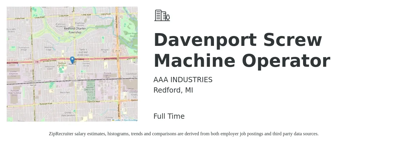 AAA INDUSTRIES job posting for a Davenport Screw Machine Operator in Redford, MI with a salary of $17 to $25 Hourly with a map of Redford location.