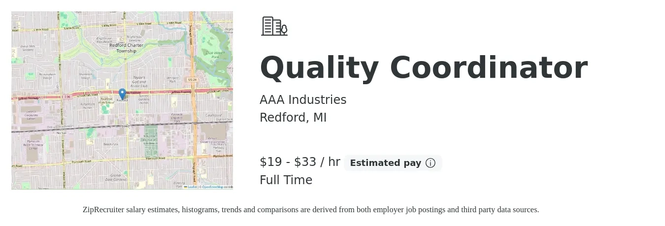 AAA Industries job posting for a Quality Coordinator in Redford, MI with a salary of $20 to $35 Hourly with a map of Redford location.