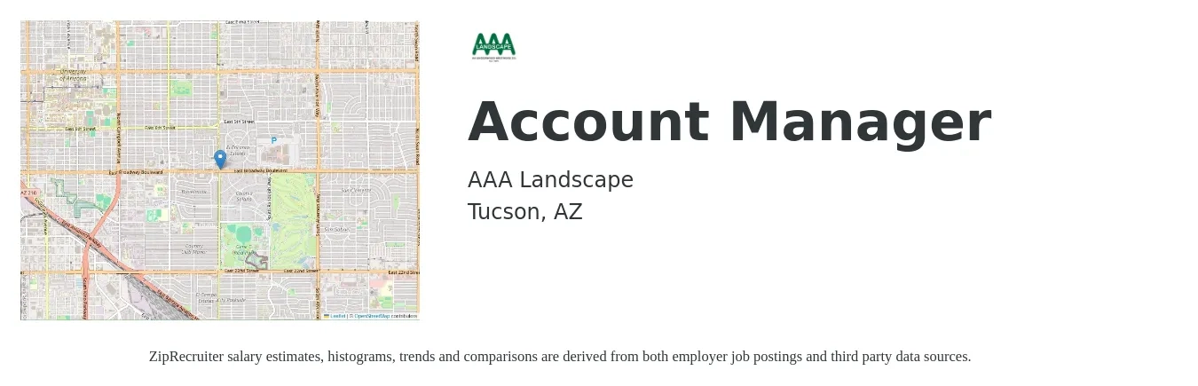 AAA Landscape job posting for a Account Manager in Tucson, AZ with a salary of $43,000 to $70,300 Yearly with a map of Tucson location.