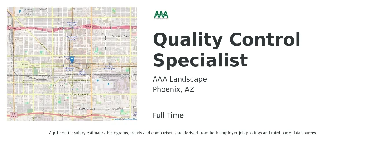 AAA Landscape job posting for a Quality Control Specialist in Phoenix, AZ with a salary of $20 to $35 Hourly with a map of Phoenix location.