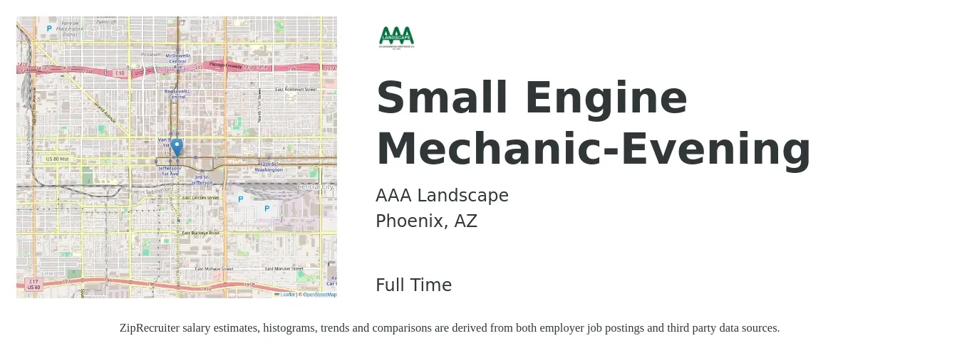 AAA Landscape job posting for a Small Engine Mechanic-Evening in Phoenix, AZ with a salary of $16 to $19 Hourly with a map of Phoenix location.