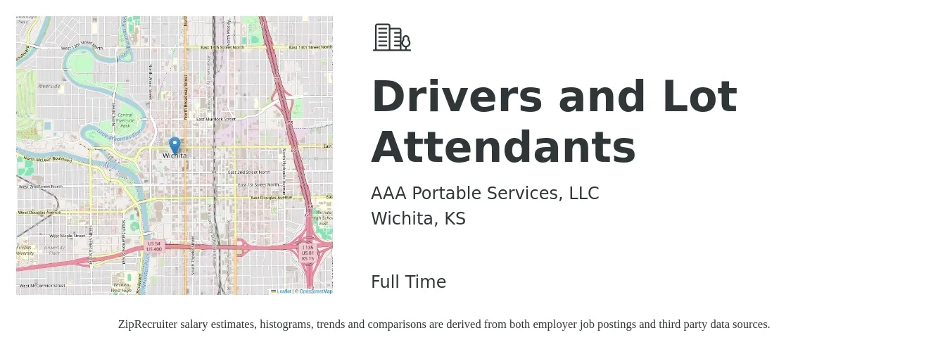 AAA Portable Services, LLC job posting for a Drivers and Lot Attendants in Wichita, KS with a salary of $14 to $16 Hourly with a map of Wichita location.