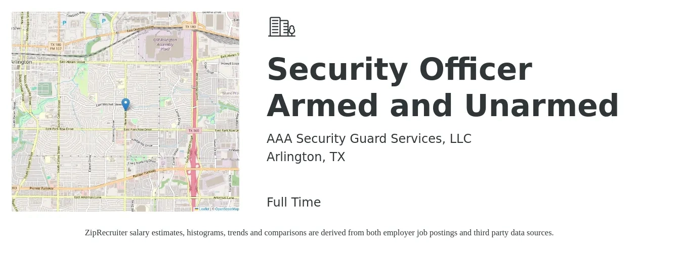 AAA Security Guard Services, LLC job posting for a Security Officer Armed and Unarmed in Arlington, TX with a salary of $14 to $17 Hourly with a map of Arlington location.