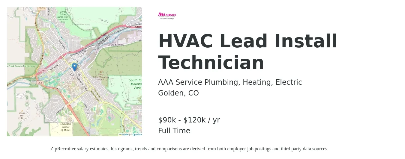 AAA Service Plumbing, Heating, Electric job posting for a HVAC Lead Install Technician in Golden, CO with a salary of $90,000 to $120,000 Yearly with a map of Golden location.