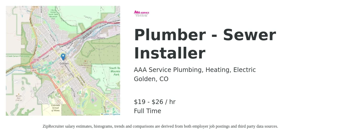 AAA Service Plumbing, Heating, Electric job posting for a Plumber - Sewer Installer in Golden, CO with a salary of $20 to $28 Hourly with a map of Golden location.