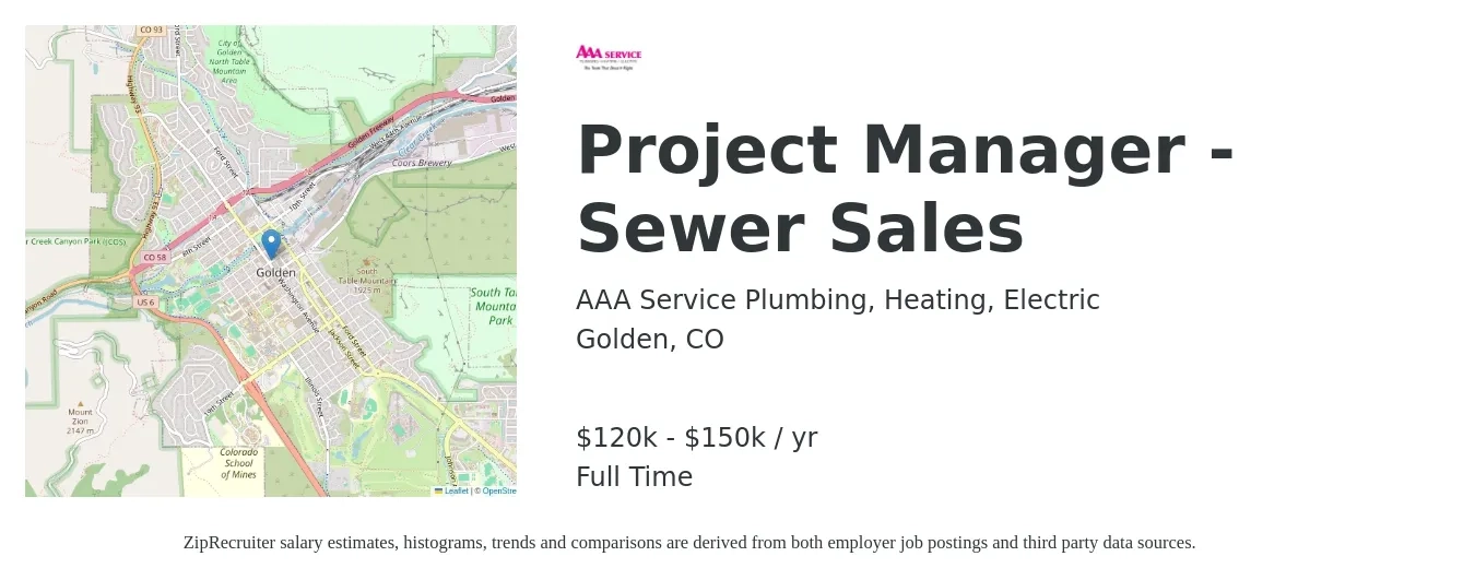 AAA Service Plumbing, Heating, Electric job posting for a Project Manager - Sewer Sales in Golden, CO with a salary of $120,000 to $150,000 Yearly with a map of Golden location.