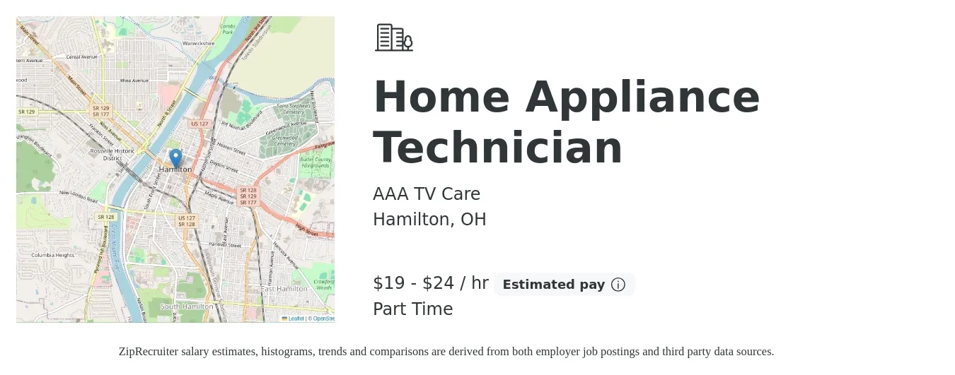 AAA TV Care job posting for a Home Appliance Technician in Hamilton, OH with a salary of $20 to $25 Hourly (plus commission) with a map of Hamilton location.