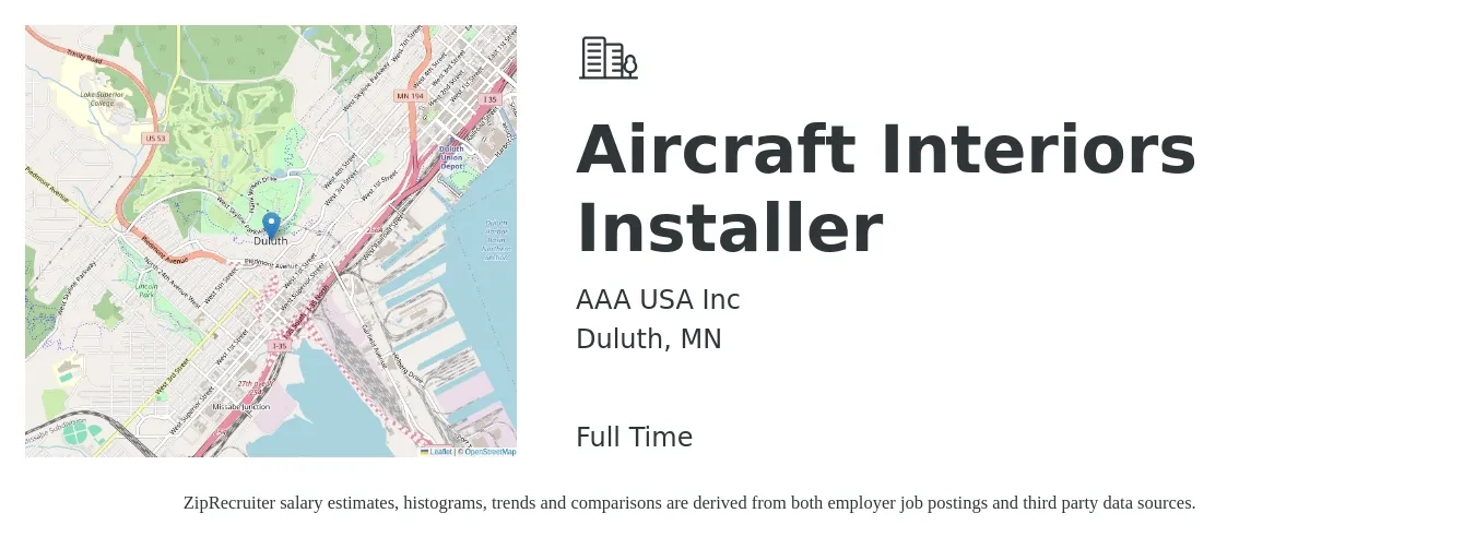 AAA USA job posting for a Aircraft Interiors Installer in Duluth, MN with a salary of $32 Hourly with a map of Duluth location.