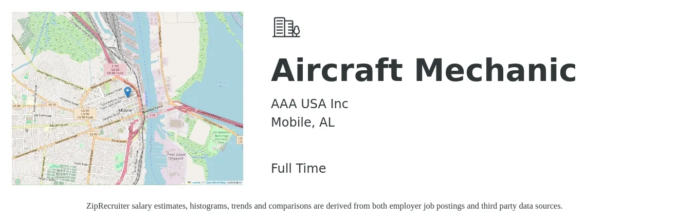 AAA USA Inc job posting for a Aircraft Mechanic in Mobile, AL with a salary of $29 to $38 Hourly with a map of Mobile location.
